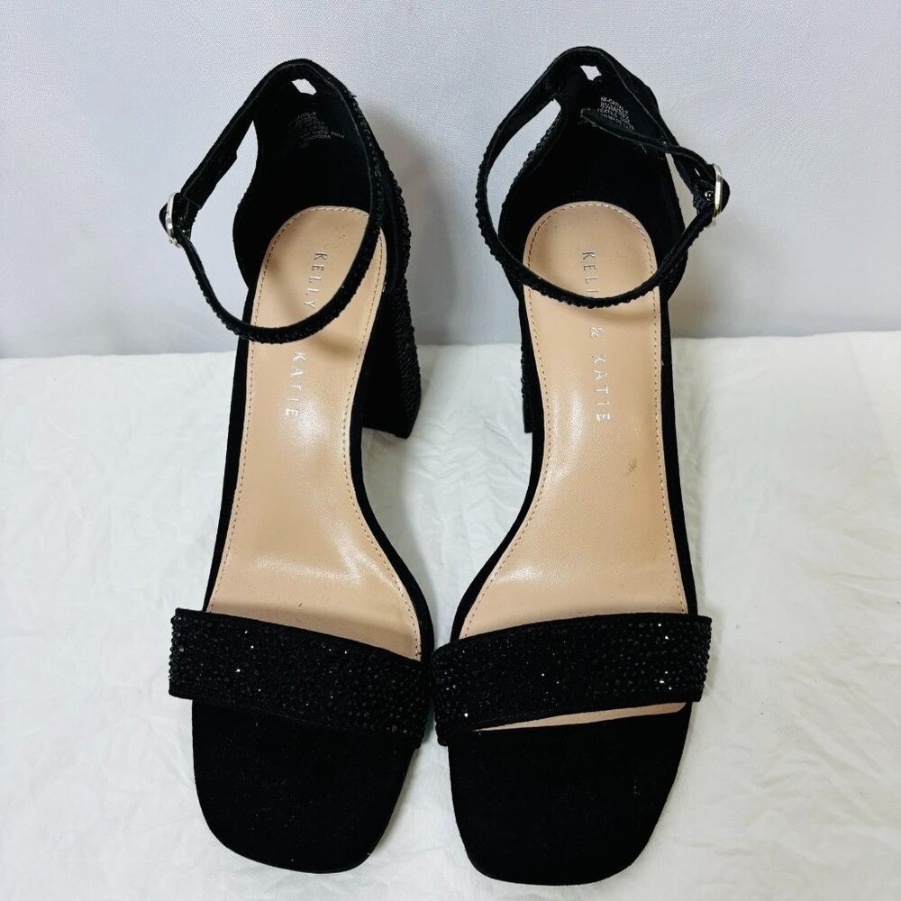 Kelly & Katie Caital Sandals Women 8.5 Black Rhinestone Block Heel Dress Shoes - Picture 2 of 7